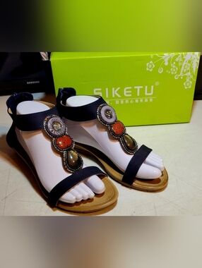 Women's 9 Sandels Siketu Bohemian-style slingback Zipper /beaded Navy Blue